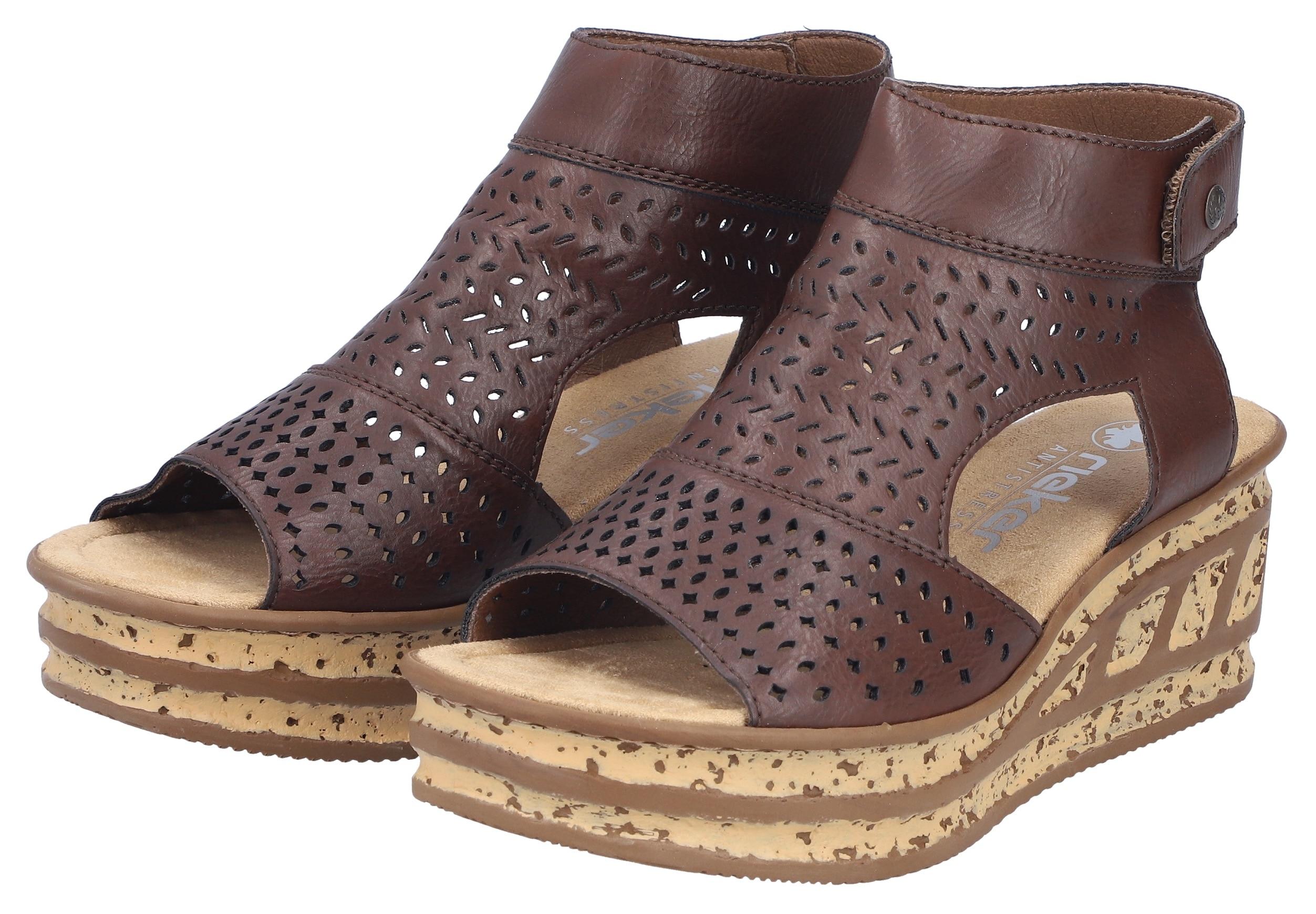 Schaftsandalette RIEKER, Damen, Gr. 36, dunkelbraun, Lederimitat, Schuhe, Sommerschuh, Urlaubsschuh, Keilsandale mit Perforation