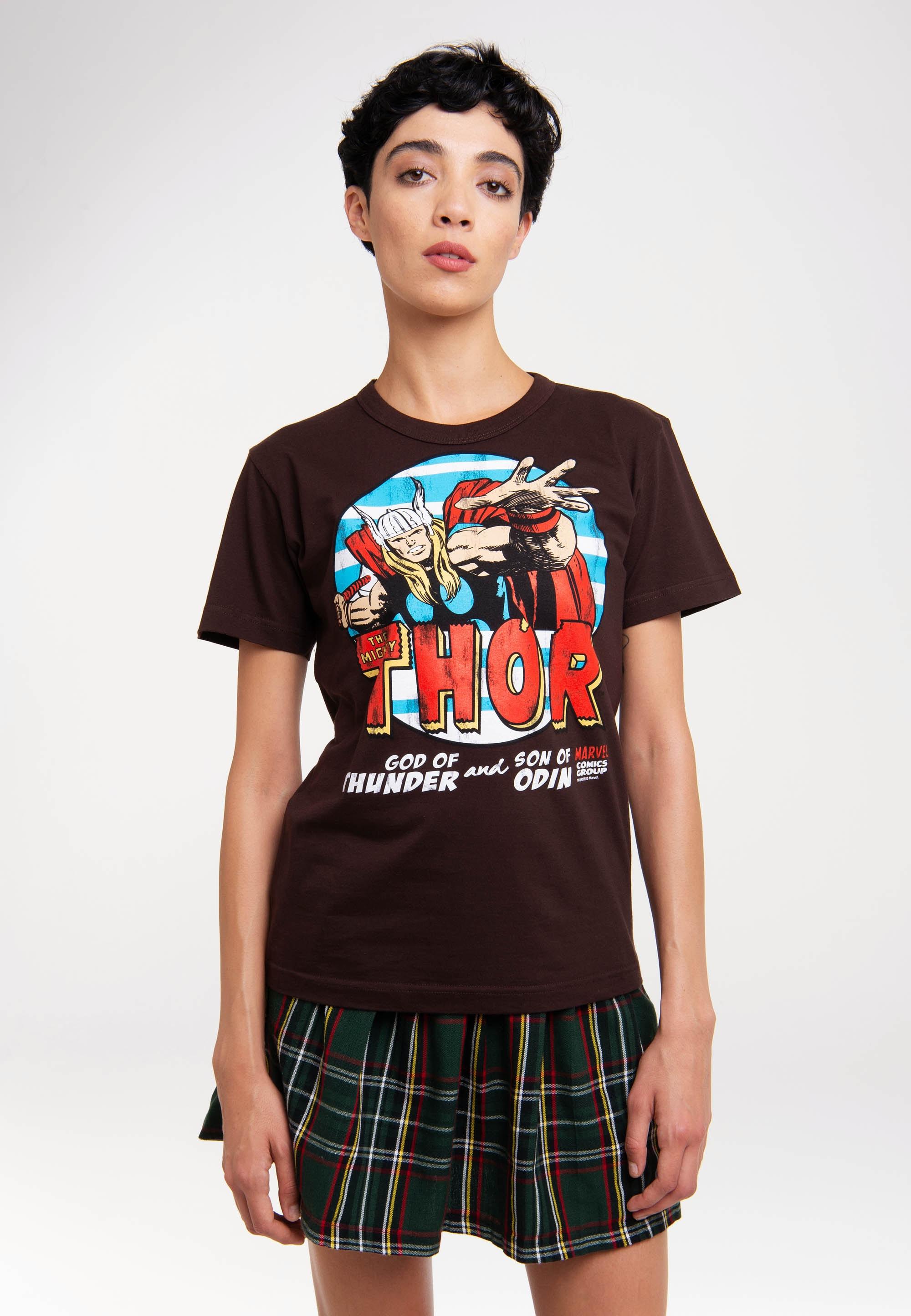 T-Shirt LOGOSHIRT "Marvel - Mighty Thor", Damen, Gr. XS, braun, 100% Baumwolle, unifarben, normal, Rundhals, Shirts T-Shirt, mit coolem Print