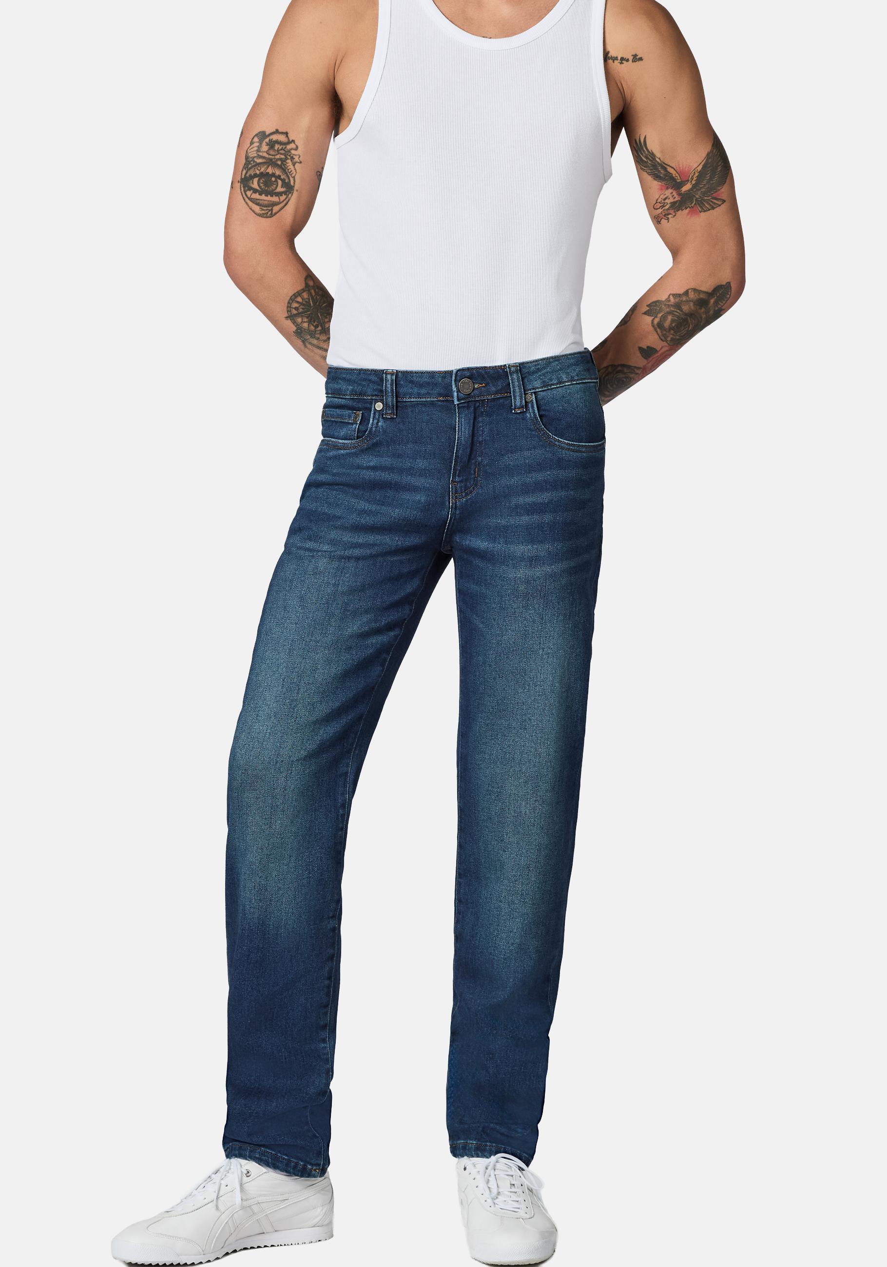 Tapered-fit-Jeans PEAK TIME "Cosmis", Herren, Gr. 31, Länge 32, aurora indigo, Jeans, Obermaterial: 88% Baumwolle, 11% Polyester, 1% Elasthan, gerade, unten schmal lang, Jeans, Herren Tapered Jeans mit Logoprägung