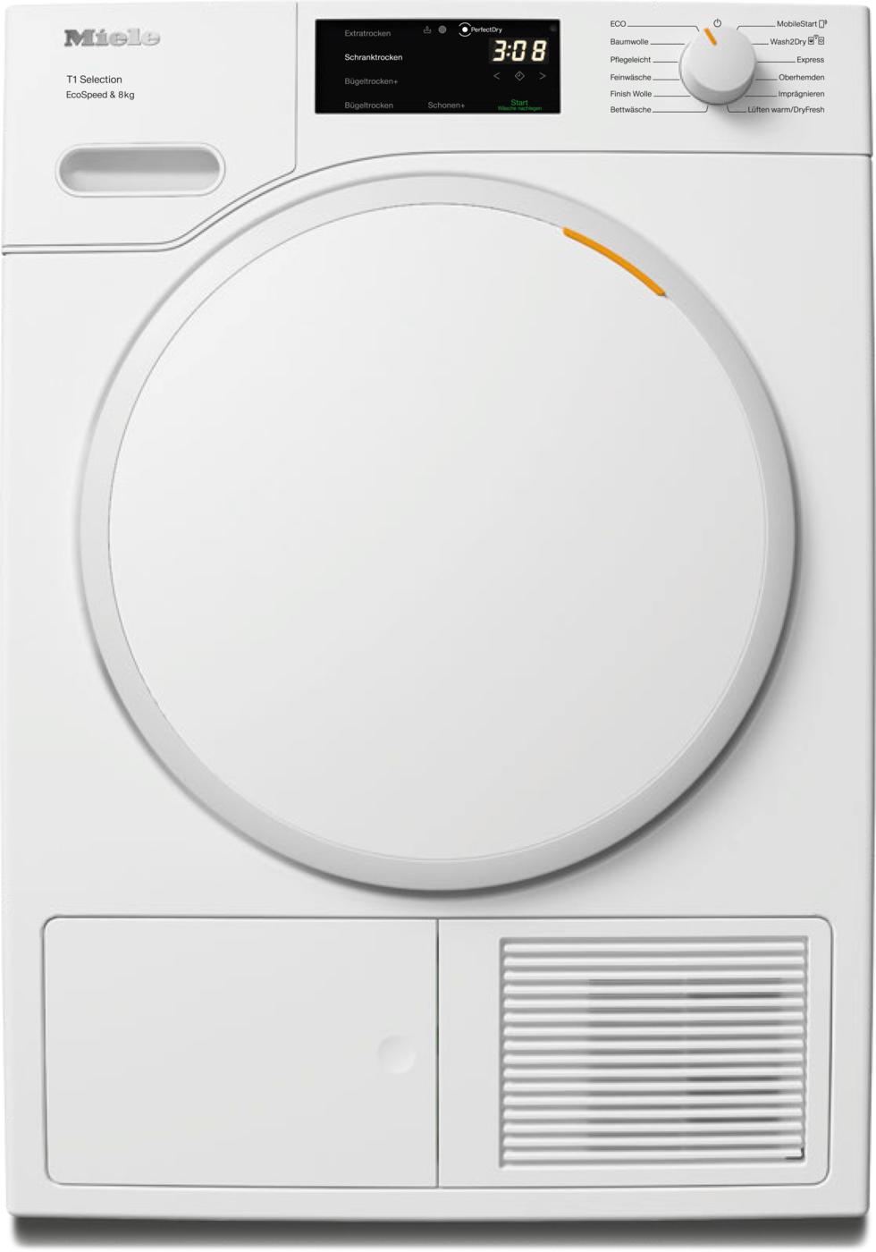 MIELE Wärmepumpentrockner "TSB643WP EcoSpeed&8kg", Energieeffizienz: C (A-G), weiß, B:59,6cm H:85cm T:65,5cm, Trockner, Getestet auf 20 Jahre perfekte Wäschepflege, 25 Jahre Motorgarantie