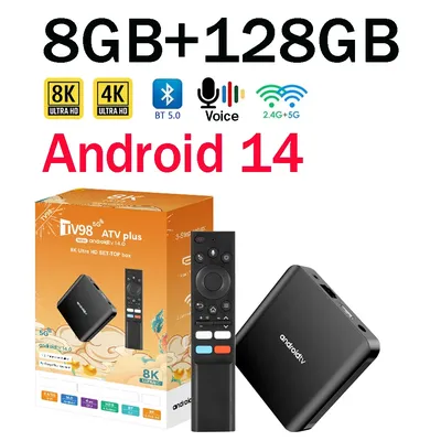 TV98 ATV Plus TV Box 8GB 128GB Android14 Allwinner H313 Quad Core 4G 5G Dual Wifi BT5.0 Smart Sprachsteuerung HD 4K 8K TV Box IPTV