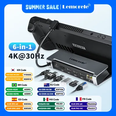 Lemorele 6 IN 1 USB C Dockingstation für Steam Deck HDMI 4K30Hz RJ45 1000M PD 100W Dock Switch für Projektor PC TV USB C HUB