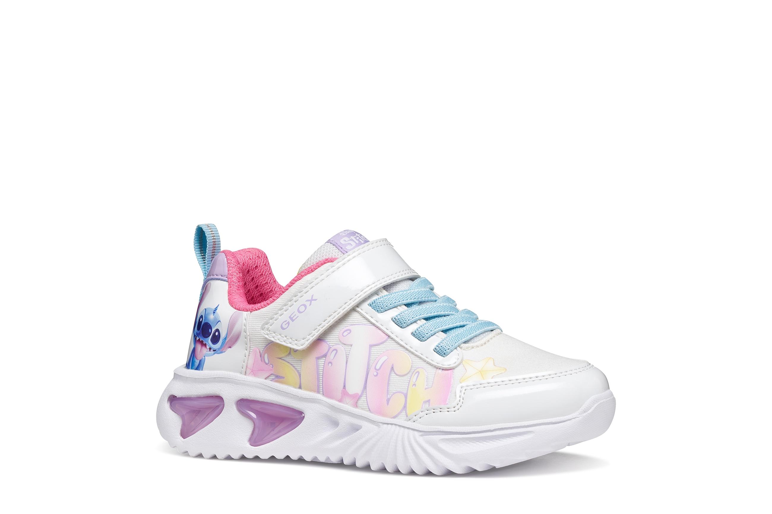 Sneaker GEOX "J ASSISTER GIRL DISNEY - LILO & STITCH", Mädchen, Gr. 26, weiß, multi, Lederimitat, Textil, Schuhe Sneaker, Klettschuh mit Stitch-Motiv, Größenschablone zum Download