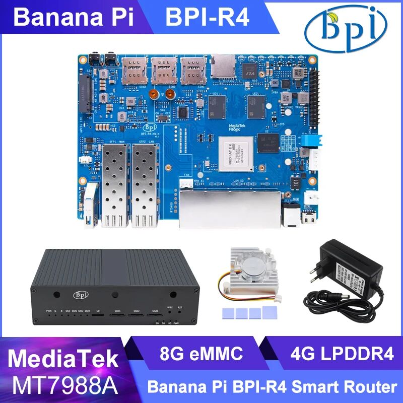 Caturda Banana Pi BPI-R4 MediaTek MT7988A (Filogic 880) Quad-Core Arm Corex-A73 4 GB DDR4 8 GB eMMC Openwrt Router Board Metallgehäuse Kühler