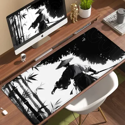 Samurai Warrior Ink Wash Style Mauspad, Gamer-Computer-Tastatur-Tischmatte, schwarzes Mauspad, Company Gaming Laptop-Schreibtischzubehör