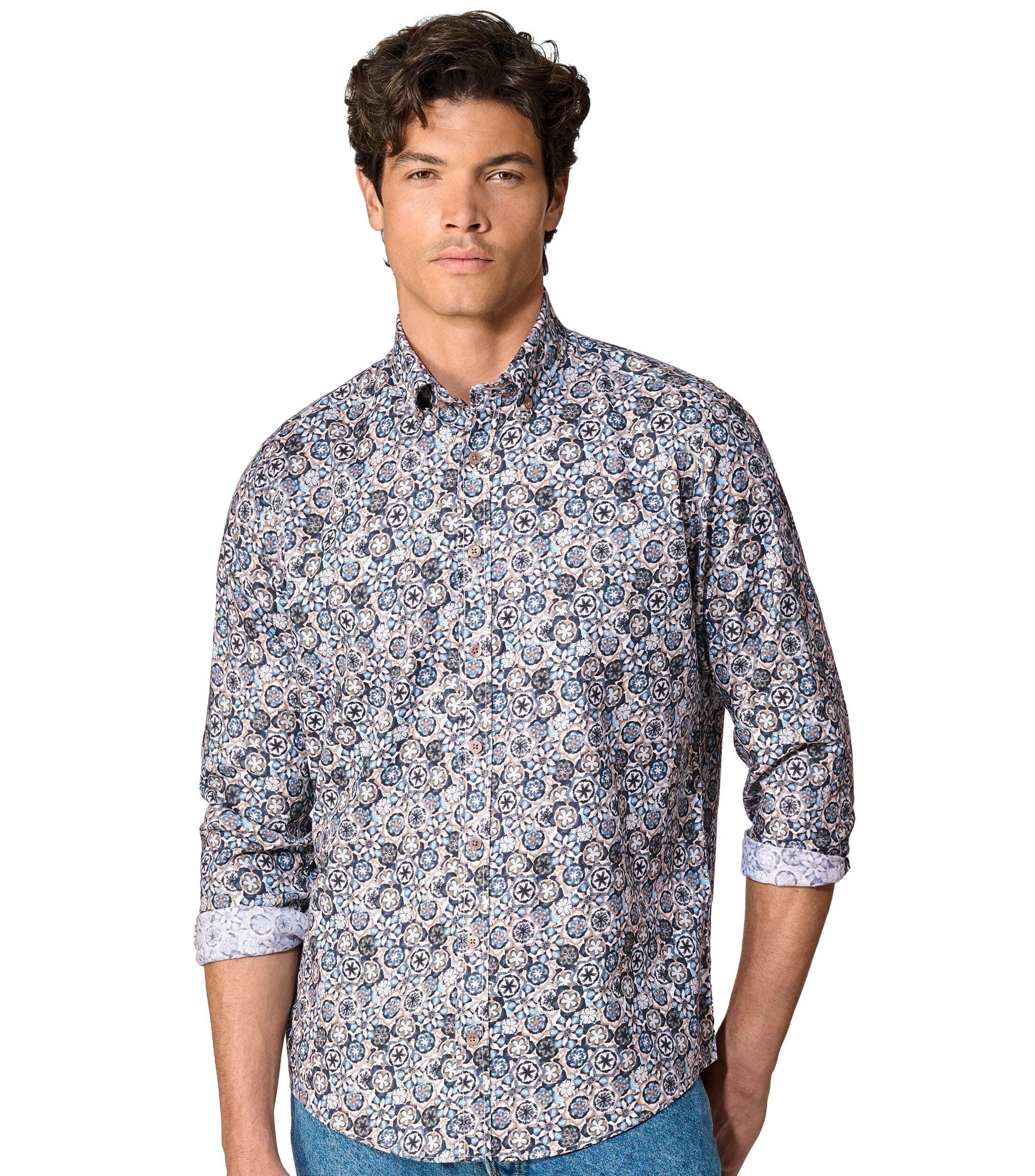 Langarmhemd CASAMODA "CASAMODA Freizeithemd Print", Herren, Gr. L, Normalgrößen, blau (grünblau), 100% Baumwolle, bedruckt, lässig geschnitten, Hemden