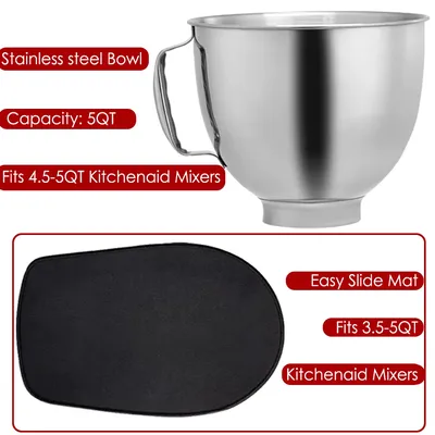 5 QT Edelstahl-Mixerschüssel und leichtgängige Gleitmatte, kompatibel mit KITCHENAID TILT-HEAD STAND MIXERS 4,5-Quart und 5-Quart.