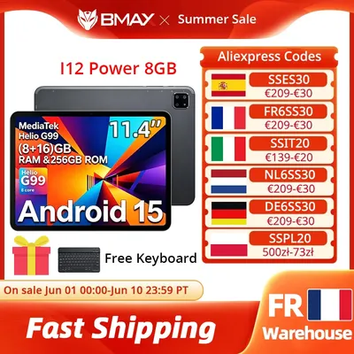 BMAX I12 Power Tablet 11,4 Zoll 2,4K IPS 90Hz Display MediaTek Helio G99 8-Kern 24(8GB+16GB) RAM 256GB ROM 8000mAh Type-C Android 15 Tablets 4G LTE GPS Unterstützung Dual SIM