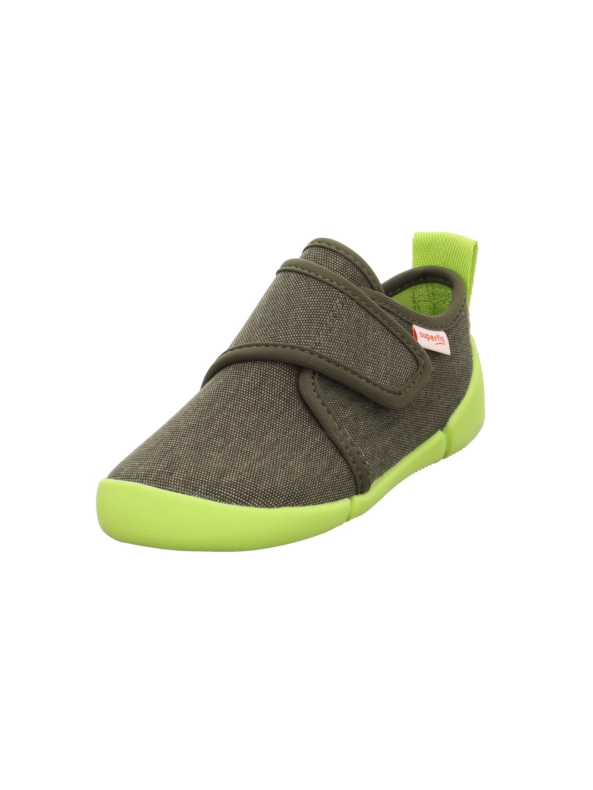 Hausschuh SUPERFIT "VENTI WMS: weit", Mädchen, Gr. 28, dunkelgrün, Baumwolle, meliert, Schuhe Hausschuh, Klettschuh, in WMS: Weite weit, Größenschablone zum Download