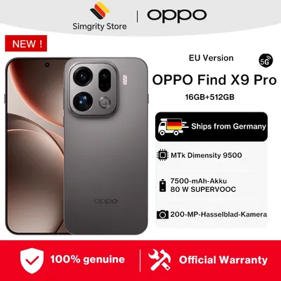 EU-Version OPPO Find X9 Pro 16 GB + 512 GB Smartphone, Android 5G, MediaTek Dimensity 9500, 7500 mAh Akku 80 W SUPERVOOC, 6,78 Zoll 2772 × 1272 Pixel 50 MP OIS-Kamera, NFC, Wi-Fi 7, Bluetooth 6.0, GPS
