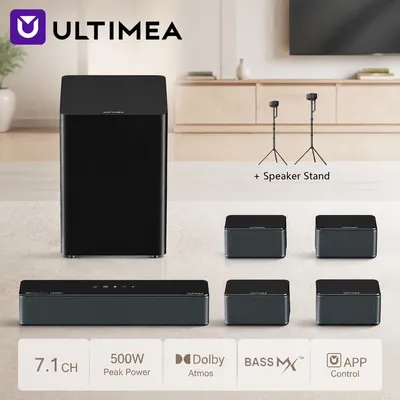 ULTIMEA 7.1-Kanal Dolby Atmos Soundbar mit Kabellosem Subwoofer & 4 Surround-Lautsprechern, 500W Spitzenleistung, APP-Steuerung, BassMX-Technologie, Heimkino-TV-Lautsprecher
