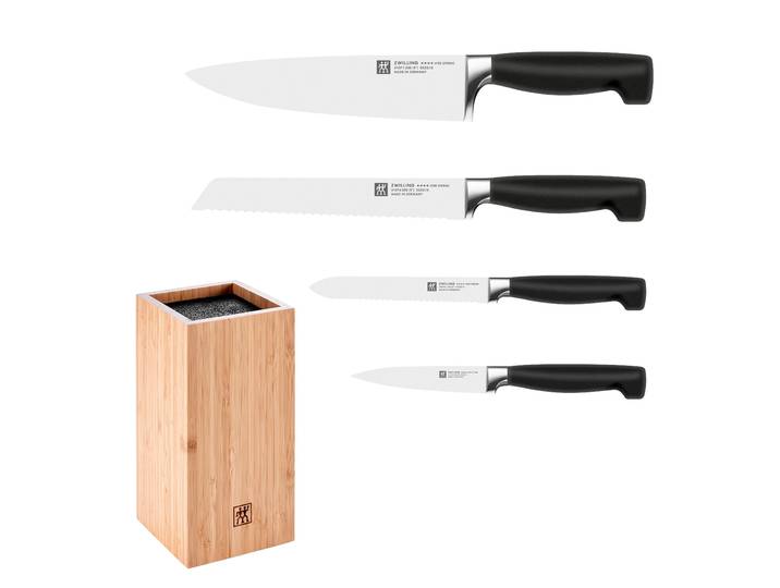 Messerblock ZWILLING **** VIER STERNE, inkl. 4 Messer , braun, L:12cm, Messerblöcke, Messerblock, mit flexiblen Kunststoff-Borsten, Bambus