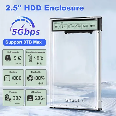 Smart Display HDD-Gehäuse 2,5 Zoll transparentes HDD-Gehäuse USB3.2 Gen2 externe HDD-Gehäuse SATA HDD SSD-Aufbewahrungshülle für Laptop PC