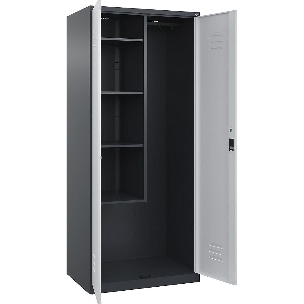 C+P Putzmittelspind Classic PLUS, 1 Abteil, Trennwand mittig, verkürzt, grau, B 800 mm, mit Bodengleitern, Drehriegel