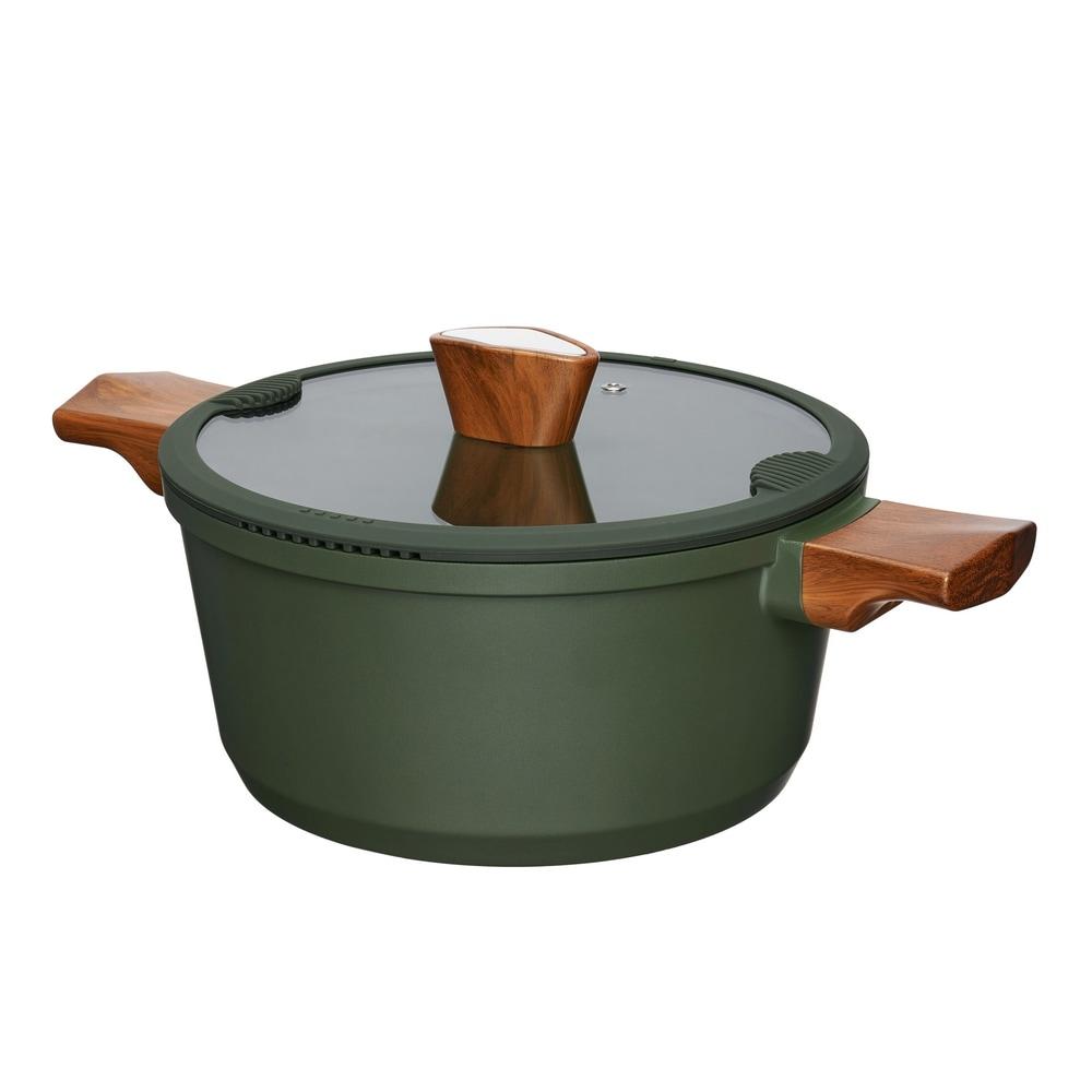 Kochtopf RESTO KITCHENWARE "Sadr, Bratentopf antihaftbeschichtet, im Geschenkkarton", grün (dunkelgrün), H:11,7cm L:35,5cm Ø:24cm, Töpfe, Fleischtopf Kochtopf, inkl. Glasdeckel mit Silikonrand und integrierten Abgießlöchern