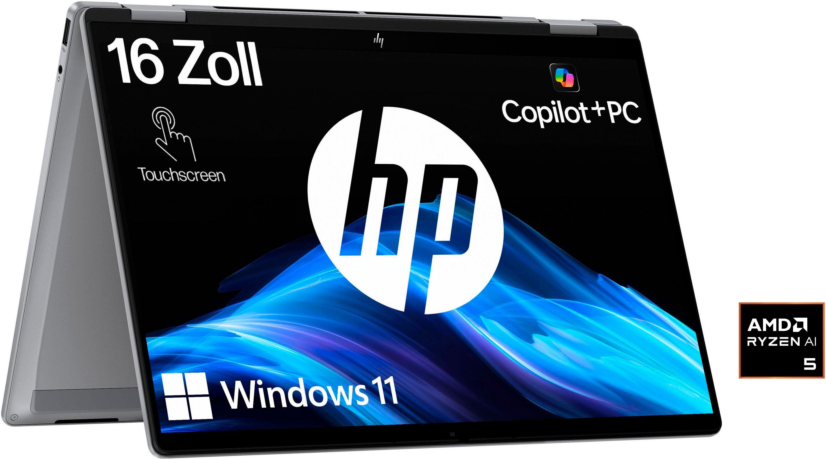 HP Convertible Notebook "OmniBook X Flip 16-a0252ng", silber (meteor silber), 16 GB RAM 1.000 GB SSD, Ryzen™ AI 5, Windows11Home, Notebooks