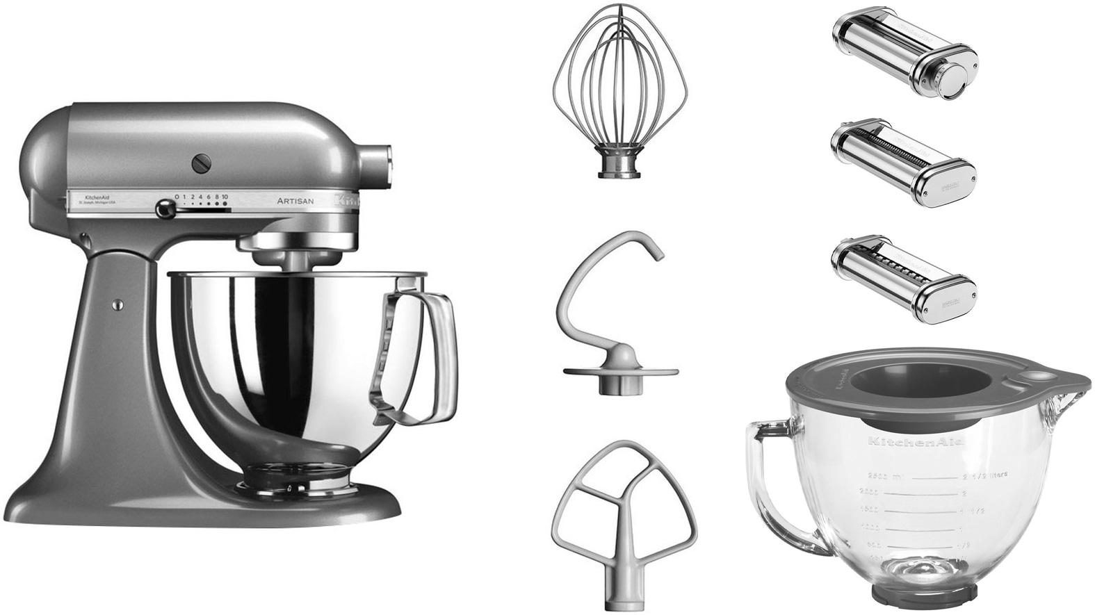 KITCHENAID Küchenmaschine "5KSM125EOB", silber (kontur silber), B:24cm H:36cm T:37cm, Küchenmaschinen, mit Gratis Glasschüssel+3 Nudelvorsätzen, Küchenmaschine