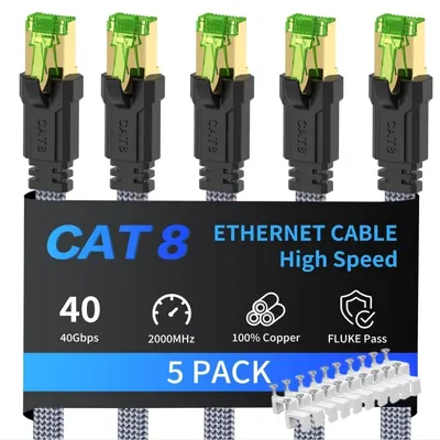 MIZIQIER 5er-Pack langes CAT8-Flachnetzkabel 40 Gbit/s SFTP RJ45 LAN Cat 8 Kabel-Patchkabel für Modem-Router Gaming PC PS4/5/6 Xbox