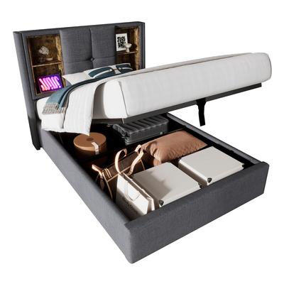 OKWISH Polsterbett 200x90 cm Grau mit Stauraum und Matratze 406 Federn Wireless Charger USB Typ-C Ablagefächer Gasdruckfeder Lattenrost