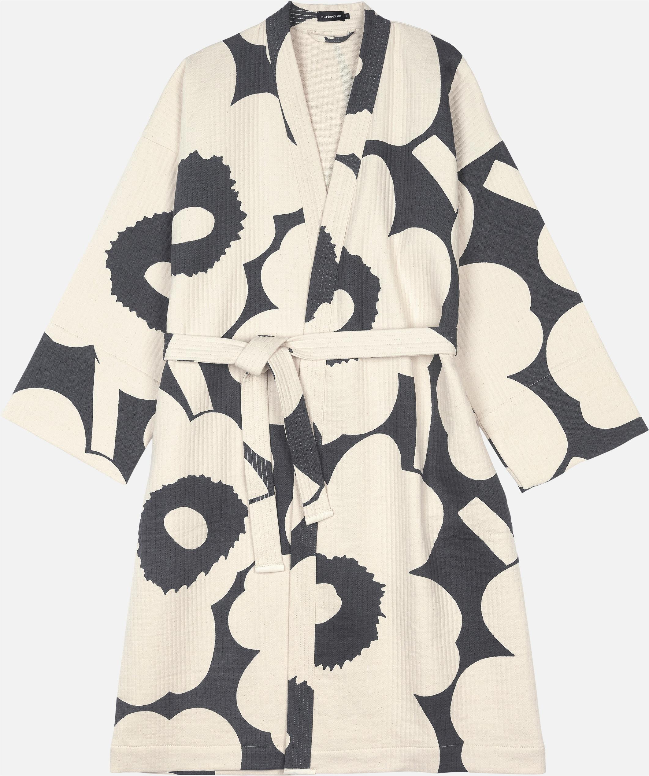 Bademantel MARIMEKKO "UNIKKO" Gr. L, anthrazit, off, weiß, L, Baumwolle, Hausmäntel, Bademantel, 100% Baumwolle, angenehm weich