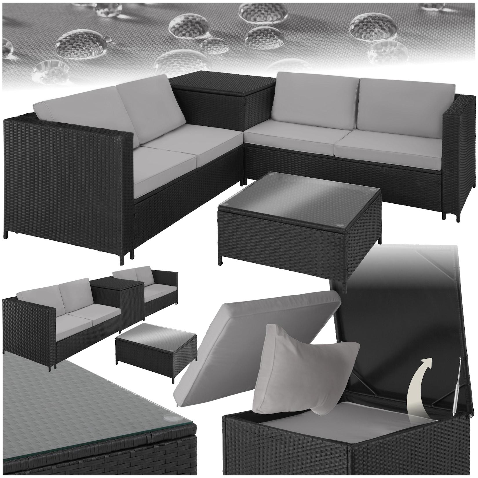 tectake® Rattan Lounge, für 4 Personen, große Aufbewahrungsbox, mit Sicherheitsglasplatte