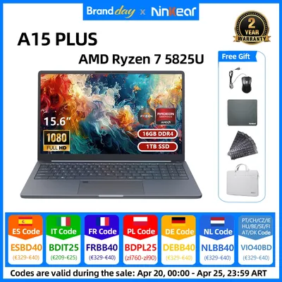Ninkear A15 Plus Notebook AMD Ryzen 7 5825U 16GB RAM 1TB SSD 15,6 Zoll FHD IPS Display Windows 11 WiFi 6 Fingerabdrucksensor Beleuchtete Tastatur Business Laptop aus Metall