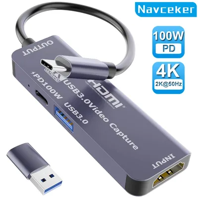 Navceker USB 3.0 Videoaufnahmekarte mit 100 W PD für Meta Quest 3 iPad HDMI zu USB/Typ-C Gaming Live-Streaming-Videorecorder