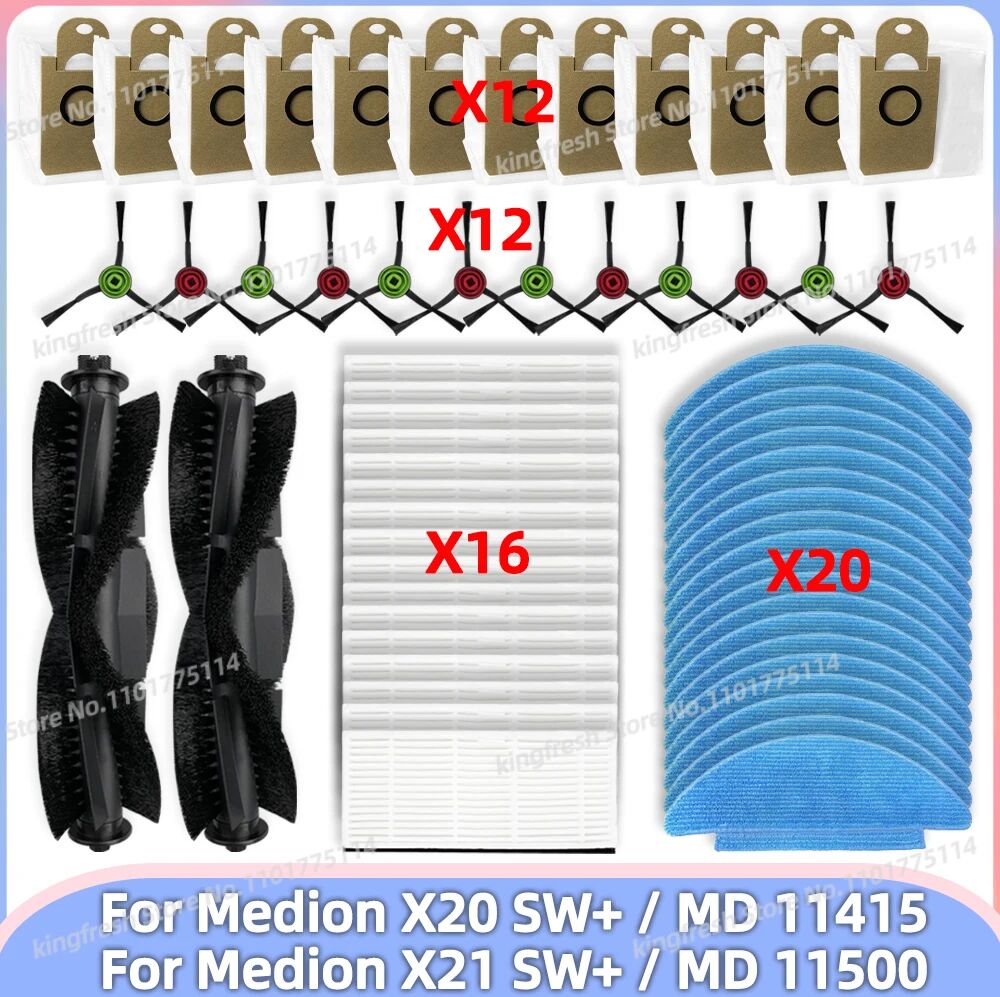 OSSIEAO Passend für Medion X20 SW+ / MD 11415, Medion X21 SW+ / MD 11500, Staubsauger-Teile, Hauptwalze, Seitenbürste, HEPA-Filter, Mop-Tuch, Staubbeutel