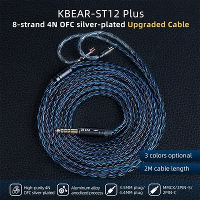 KBEAR ST12 Plus 2 m 8-adriges versilbertes verbessertes IEM-Kabel mit 3,5/4,4 mm 2PIN/QDC/MMCX-Kopfhörerkabel für KZ Gaming Headset