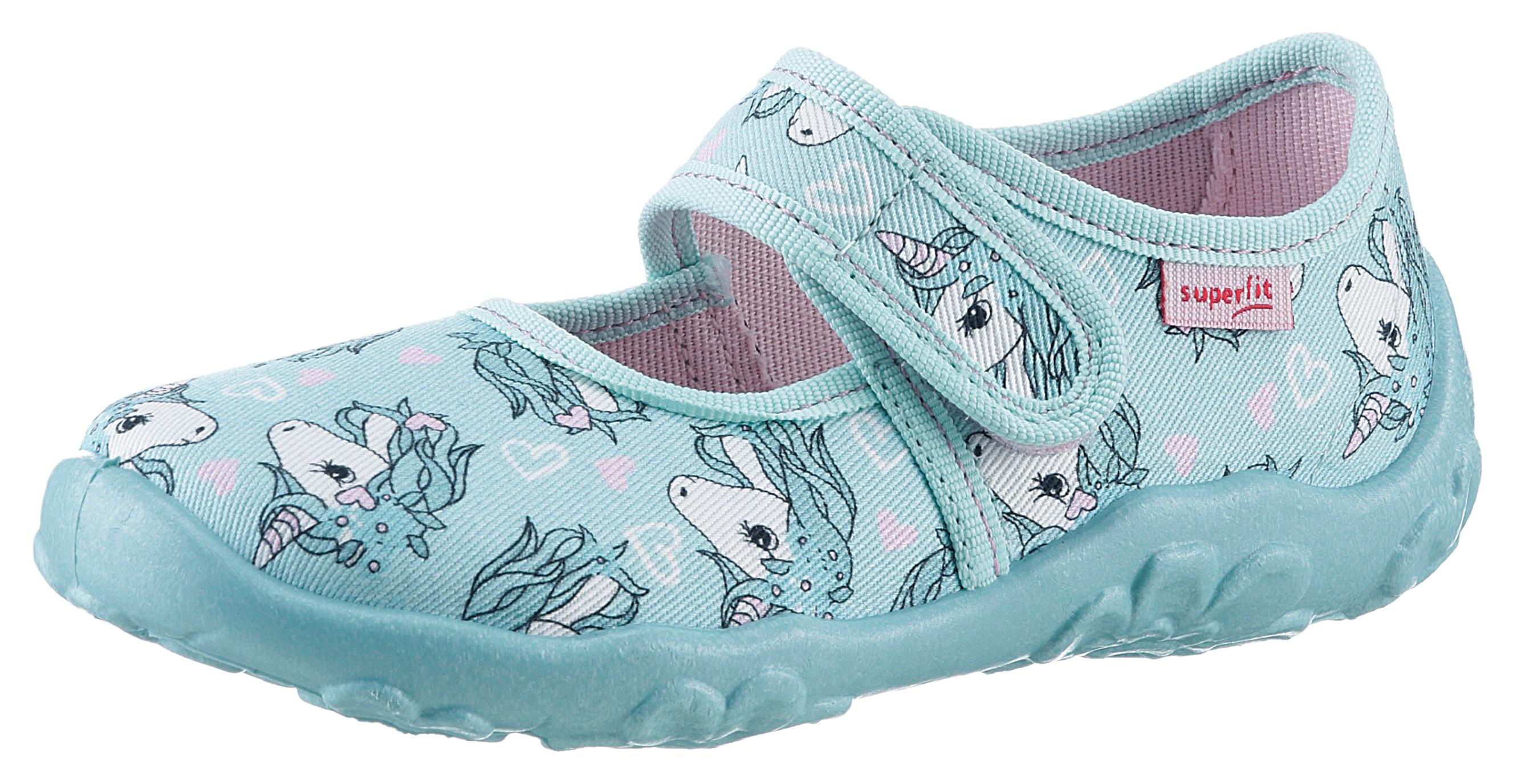 Hausschuh SUPERFIT "BONNY, WMS: mittel", Mädchen, Gr. 34, weiß (mint, weiß einhorn), Baumwolle, bedruckt, Schuhe Hausschuh, Kindergartenschuh mit Einhorn-Motiv, Größenschablone zum Download