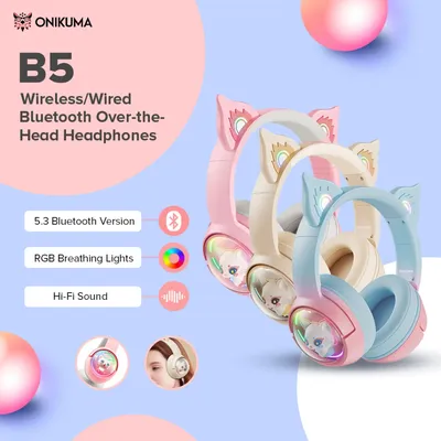 ONIKUMA B5 Tri-Mode Gaming Headset Surround Sound Abnehmbares Mikrofon Niedlicher Cartoon RGB PS4 PS5 Switch PC iPad Over-Ear-Gamer Kinder