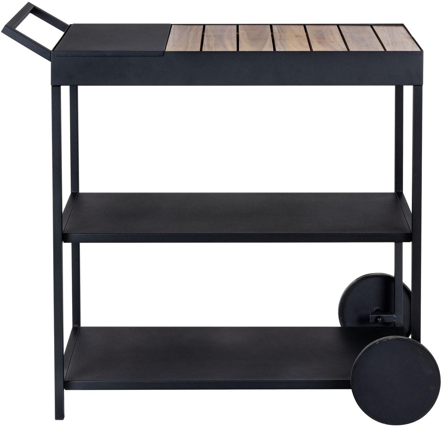 Servierwagen WENKO "Modell Miro", schwarz (schwarz, natur), B:80cm H:98cm T:40cm, Metall, Rollwagen, Servierwagen, Beistellwagen mit Rollen, Ablage aus FSC zertifiziertem Akazienholz