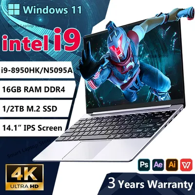 2026 Intel Core i9 8950HK N5095A Tragbarer Laptop-Computer 16 GB DDR4 1 TB 2 TB SSD 14,1 Zoll Notebook Windows 11 4K Office Gaming PC