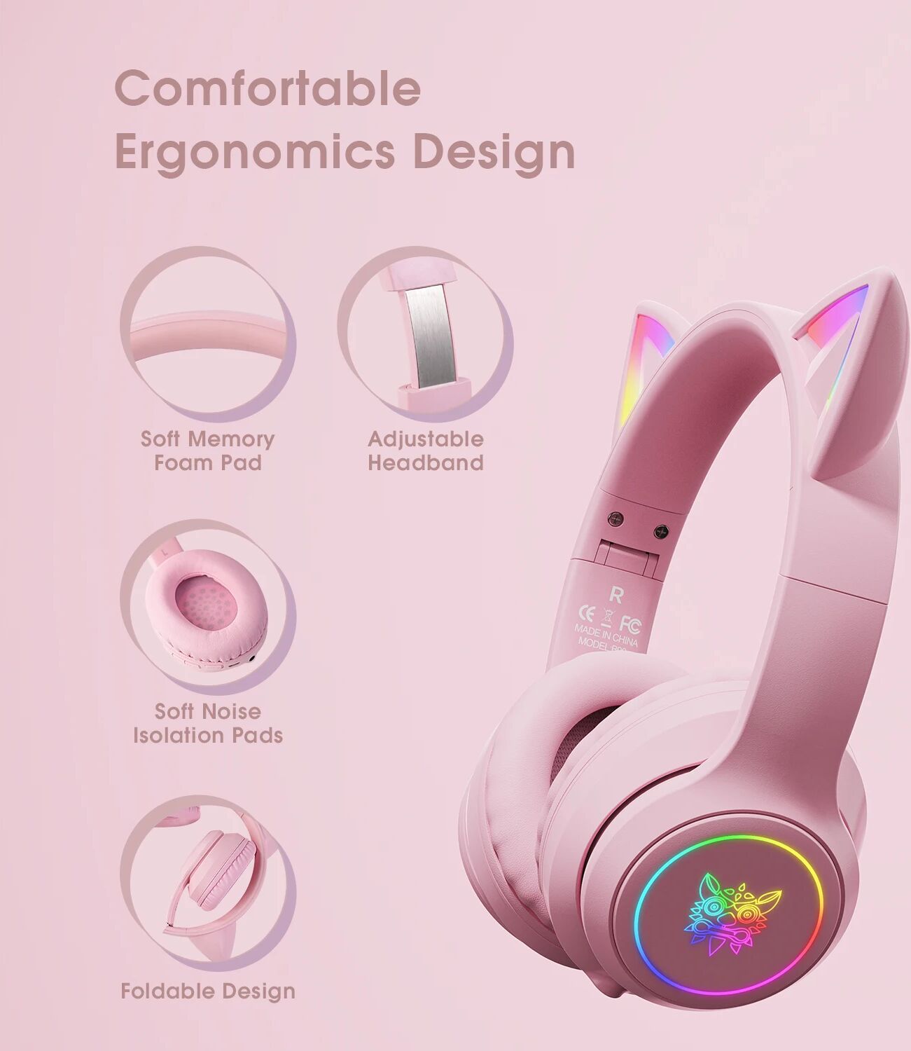 ONIKUMA Gaming Gaming Headset Bluetooth Headset Katzenohr Geräuschunterdrückung Hohe Klangqualität Niedlich