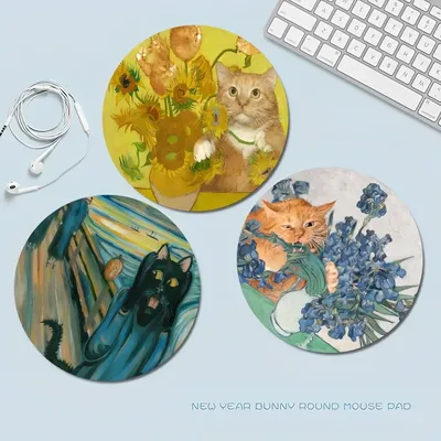Claude monet van gogh lustige Katzen kunst 22x22cm runde kawaii Cartoon Anime Gaming Mauspad Tastatur Maus matten Deskpad Mädchen für PC
