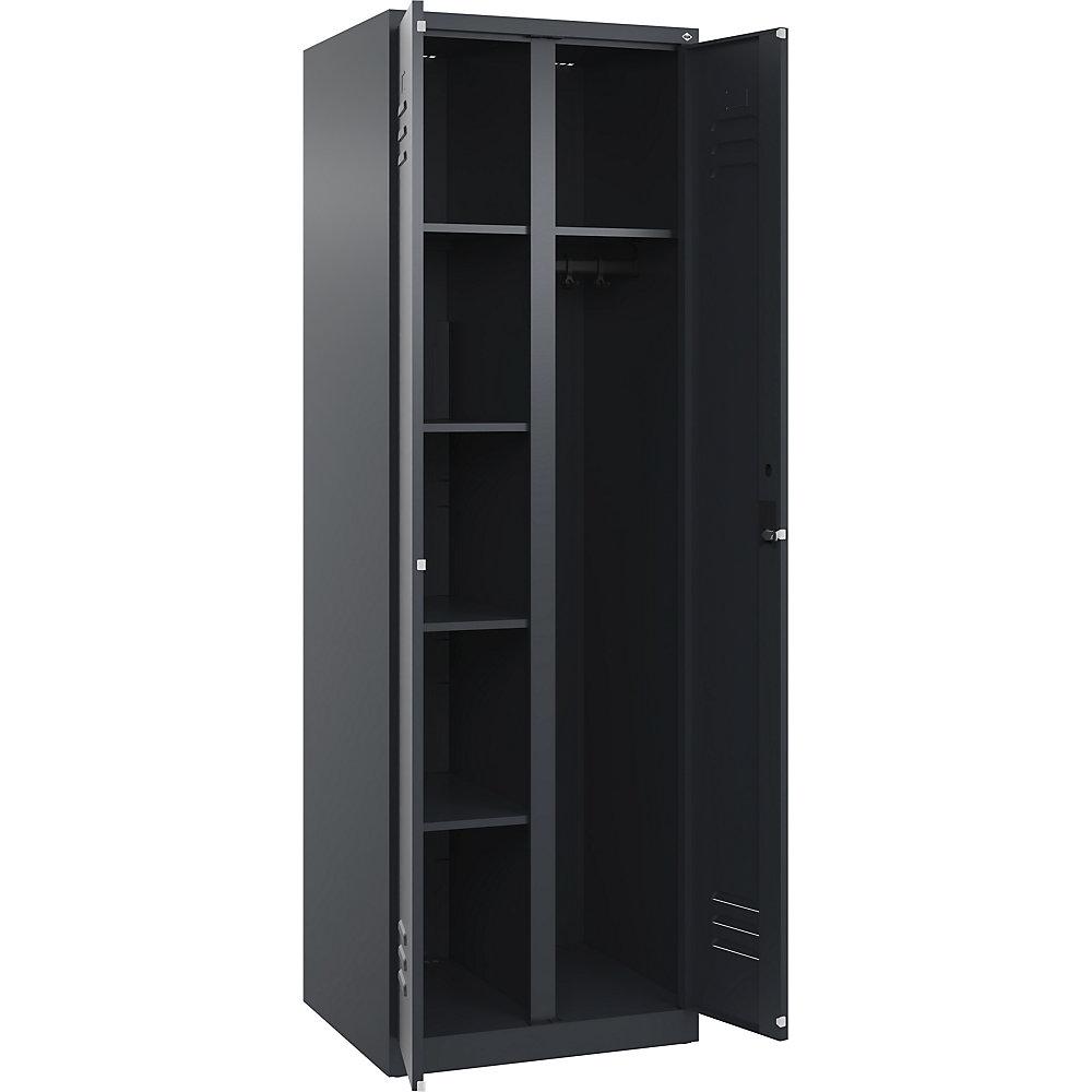 C+P Putzmittelspind Classic PLUS, 1 Abteil, Trennwand mittig, grau, B 600 mm, mit Bodengleitern, Zylinderschloss