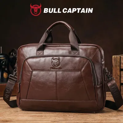BULLCAPTAIN Herren Echtleder Business Laptop-Tasche Große Kapazität Modische Schulter-Umhängetasche Aktentasche