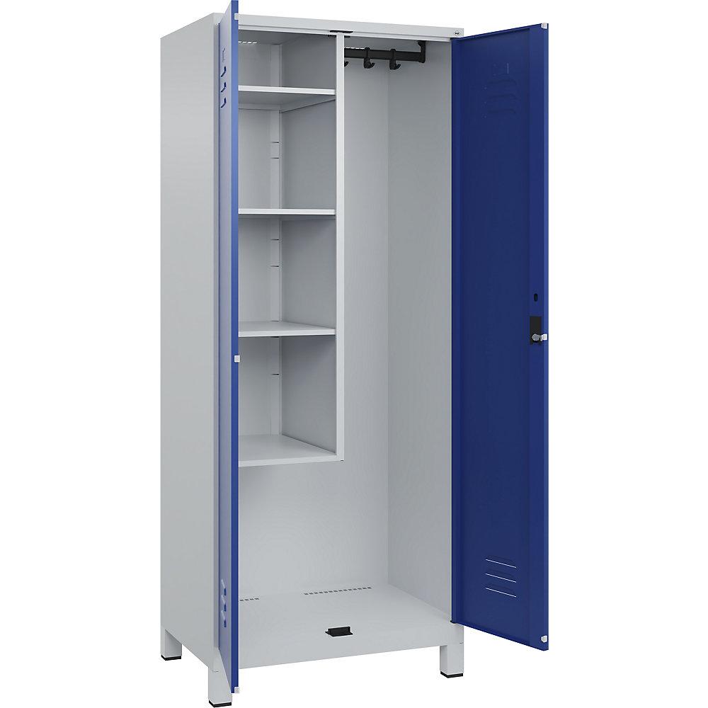 C+P Putzmittelspind Classic PLUS, 1 Abteil, Trennwand mittig, verkürzt, lichtgrau / enzianblau, B 800 mm, mit Füßen, Zylinderschloss