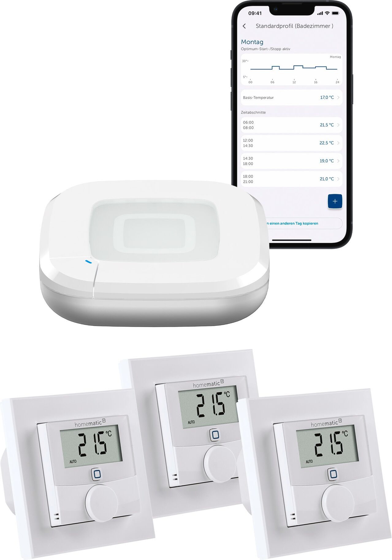 HOMEMATIC IP Smart-Home Starter-Set "Fußbodenheizung für 3 Räume", weiß, B:28,5cm H:32cm T:40,5cm, Smart-Home-Stationen, inkl. HAP & 3 Wandthermostaten mit Schaltausgang (230V)