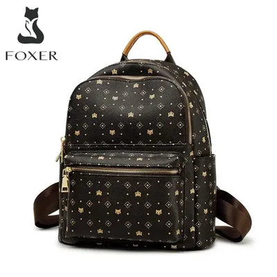 FOXER Frauen Rucksack Unterschrift PVC Druck Mode Rucksack Dame Reise Rucksack Weibliche Retro Monogramm Business Laptop Rucksack