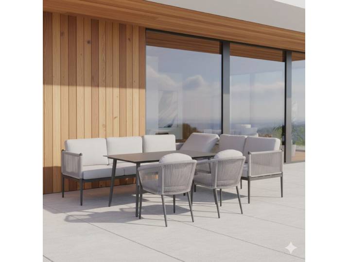 Liadomo Formello Dining-Loungeset mit Stuhl Latina, 7-teilig, verstellbar, Tisch 140×85 cm Essgruppe zum Sitzen und Liegen, bis zu 7 Personen, Stühle stapelbar Modern Country, Organic Modern drehbar, verstellbare Sitzfläche