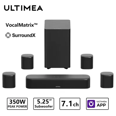 ULTIMEA 350W 7.1-Kanal Virtuelle Surround-Soundbar, Heimkino-TV-Soundbar mit Subwoofer und 4 Surround-Lautsprechern, Smart App-Steuerung