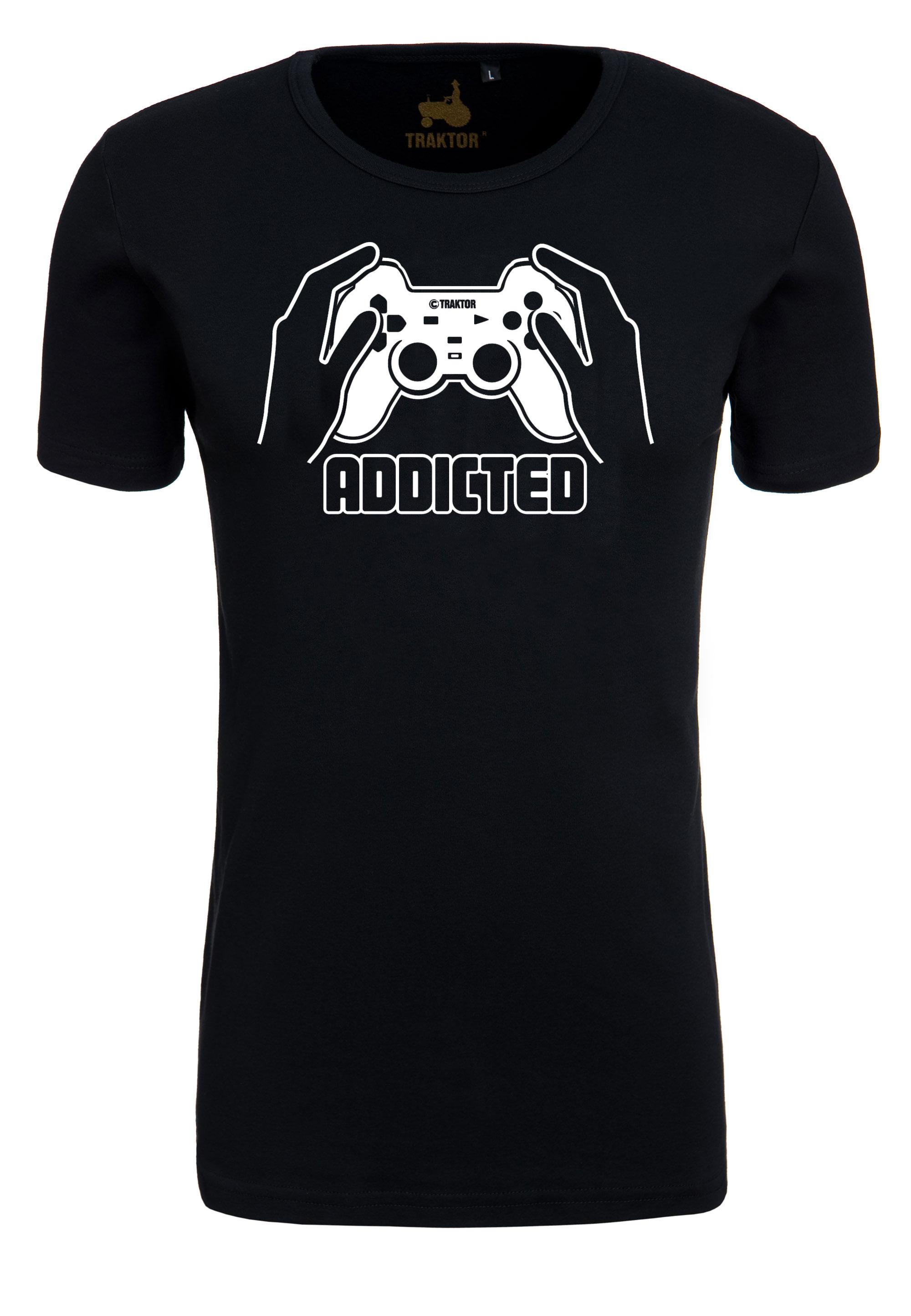 T-Shirt LOGOSHIRT "Addicted", Herren, Gr. XS, schwarz, 100% Baumwolle, bedruckt, normal, Rundhals, Shirts T-Shirt, mit trendigem Gaming-Print
