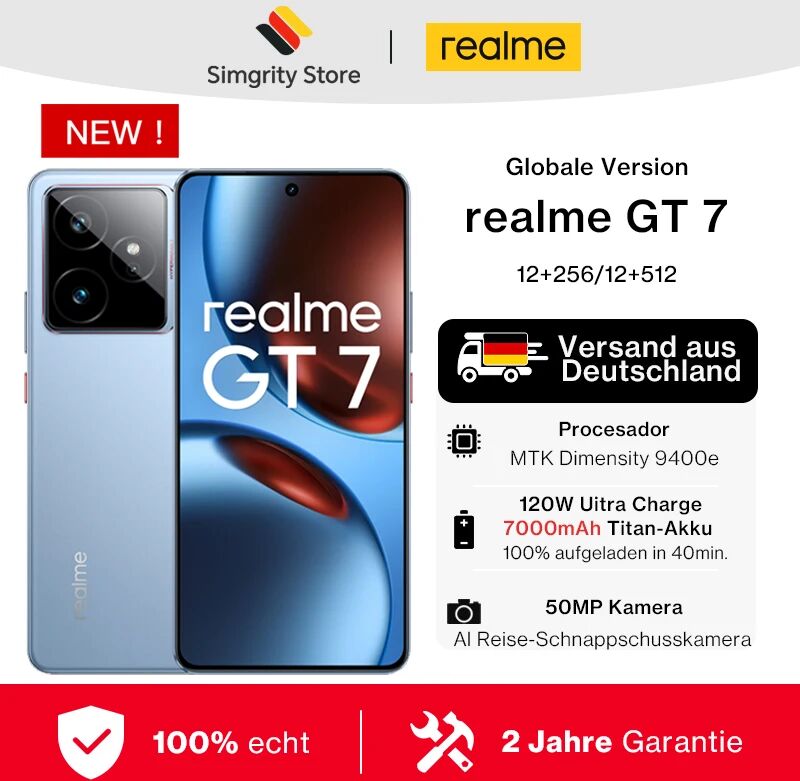 Globale Version realme GT 7 5G AI Smartphone Mediatek Dimensity 9400e 6.78“ AMOLED Display 7000 mAh Akku 120W Fast Charging