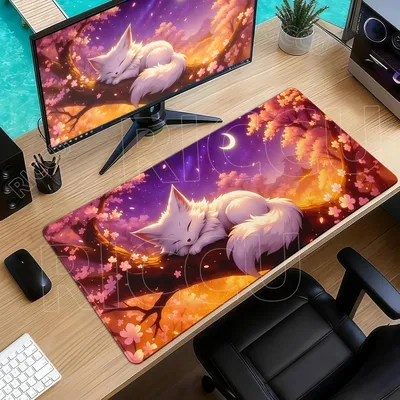 Sakura Landschaft Fuchs Mauspad Anime Großes Mauspad XXL Gaming Tastatur Tischunterlage PC Schreibtischunterlage Spielmatte Büro Teppich