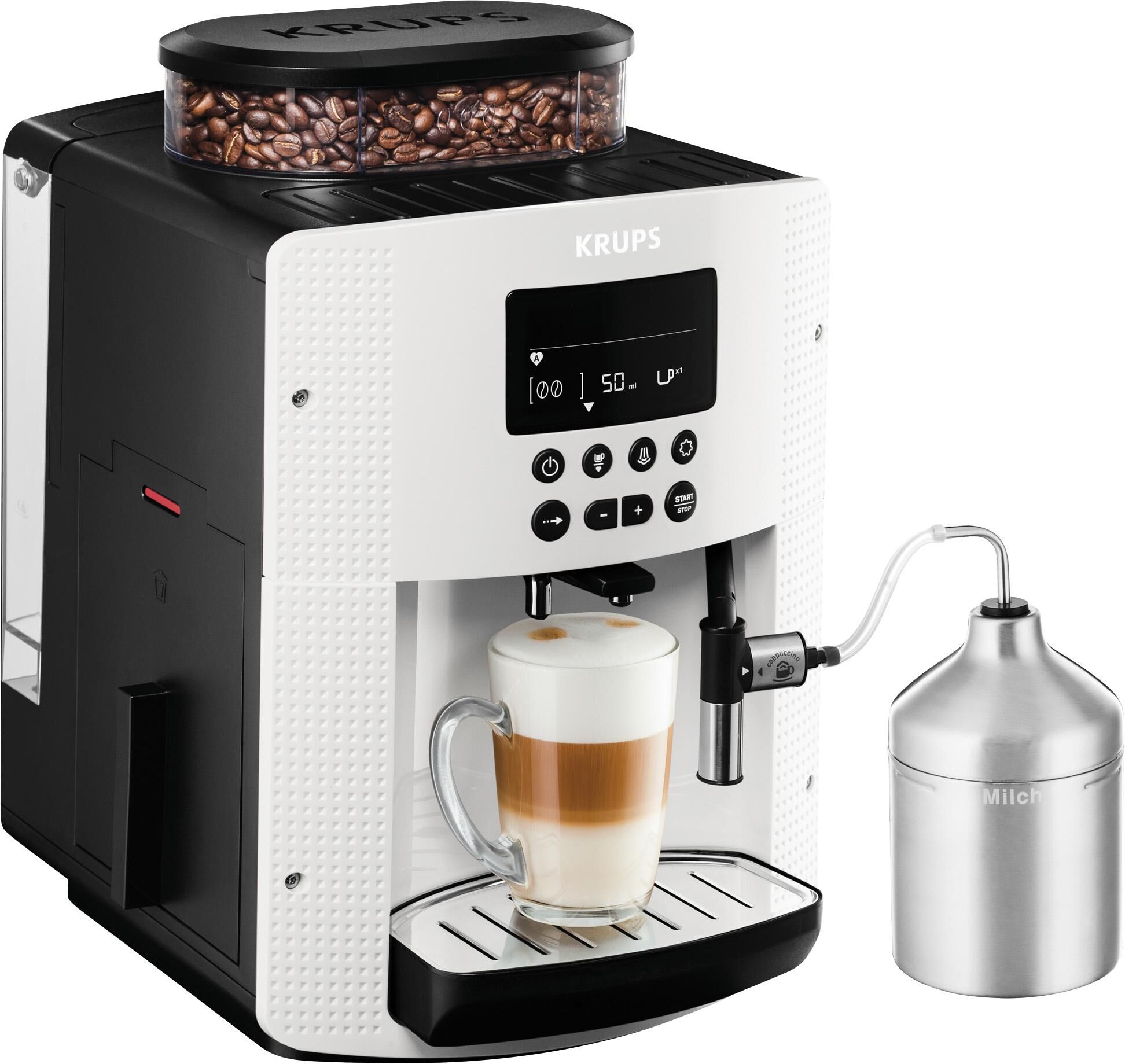 KRUPS Kaffeevollautomat "EA8161", weiß, B:28,7cm H:48,3cm T:38,1cm, Kaffeevollautomaten, inkl. Edelstahl-Milchbehälter, 3 Temperaturstufen + 3 Mahlstärken, Kaffeevollautomat