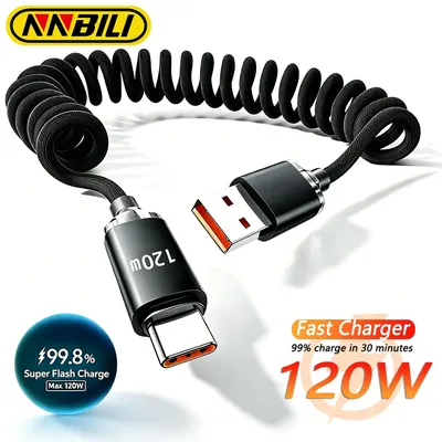 NNBILI 120W Schnellladekabel USB Typ C Spiralkabel für Samsung Realme Huawei Smartphone Schnellladekabel Datenkabel