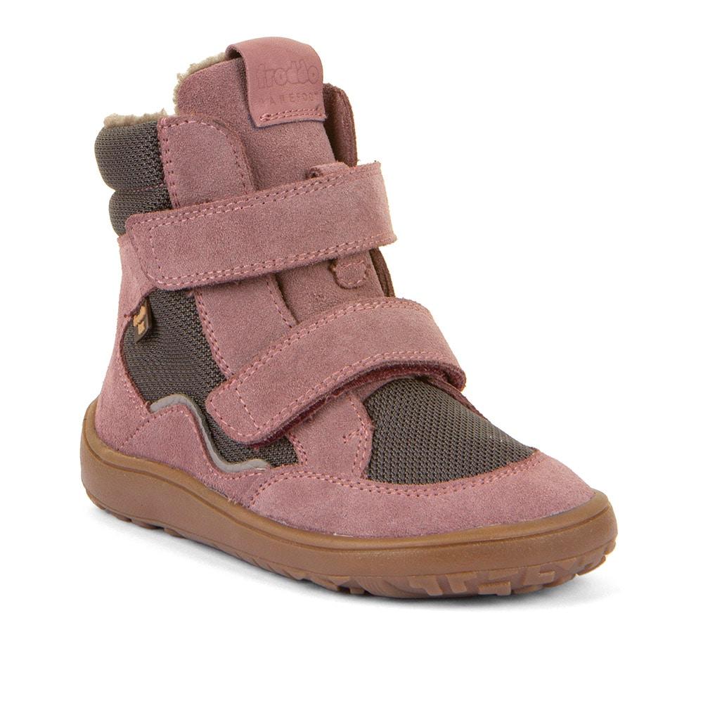 Barfußschuh FRODDO "BAREFOOT TEX WINTER", Mädchen, Gr. 30, rosa (grau, rosa), Textil, Veloursleder, Basic, Schuhe Barfußschuh, Klettschuh, Winterstiefel mit TEX-Membrane