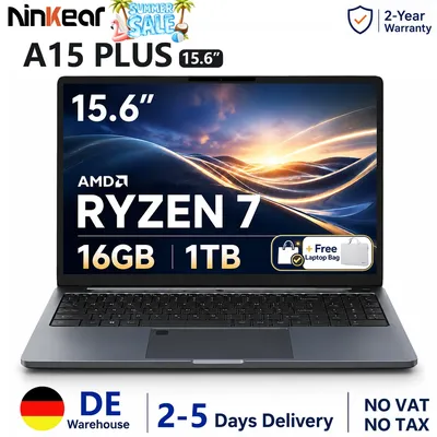 Ninkear A15 Plus Notebook AMD Ryzen 7 5825U 16GB RAM 1TB SSD 15,6 Zoll FHD IPS Display Windows 11 WiFi 6 Fingerabdrucksensor Beleuchtete Tastatur Business Laptop aus Metall