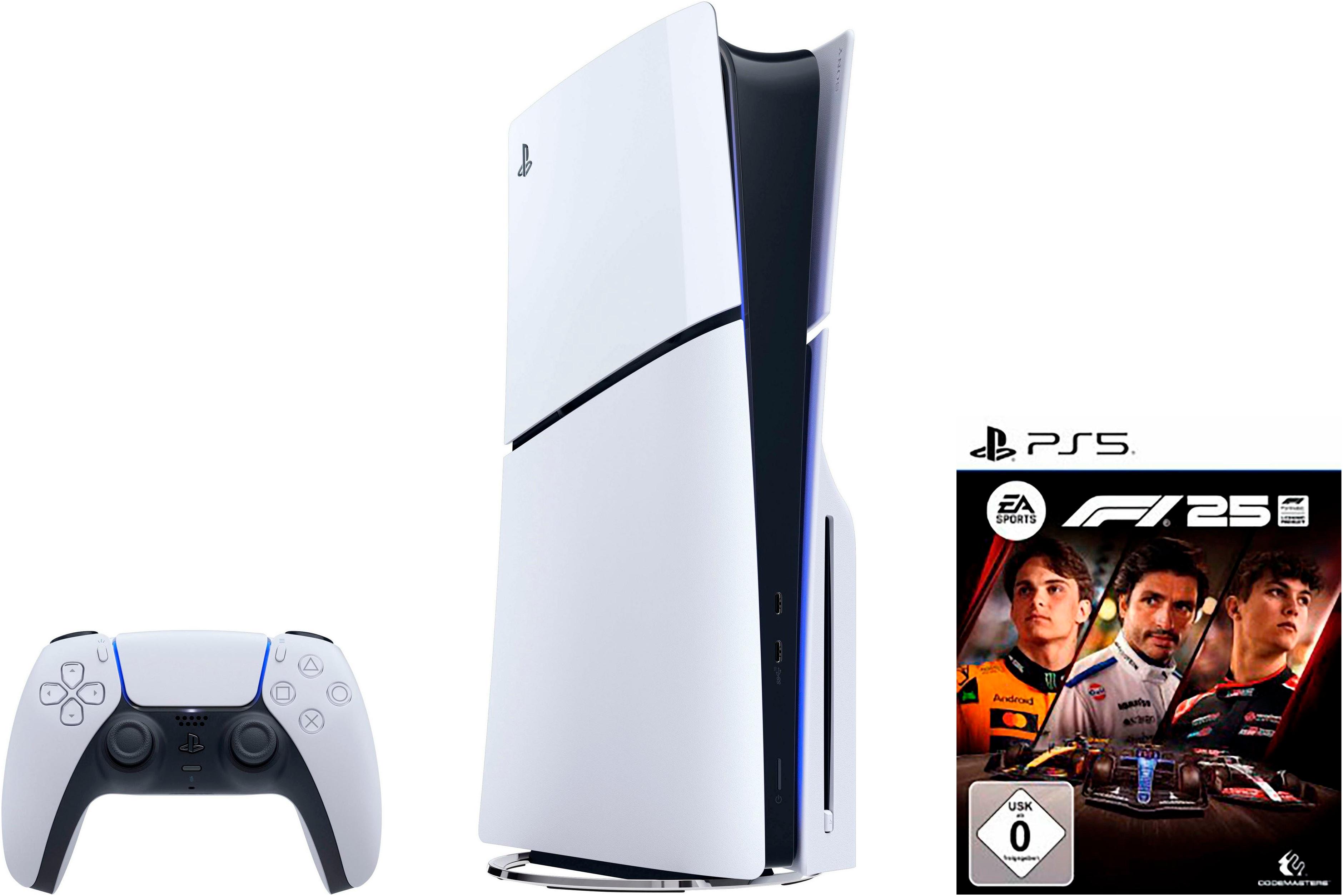 PLAYSTATION 5 Konsolen-Set "PS5 Disk Edition (Slim) + EA Sports F1 25", schwarz-weiß (weiß, schwarz), B:9,6cm H:35,8cm T:21,6cm, Spielekonsolen